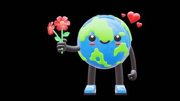 3D Earth Character Holding Flowers And Heart Suitable For Romantic And Appreciation Content.Transparent Background. Alpha Background video