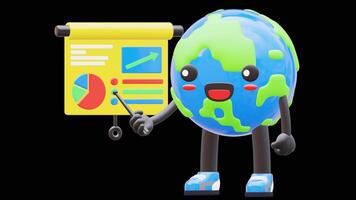 3D Earth Character Doing Presentation On Growth Chart Suitable For Business And Education Concepts.Transparent Background. Alpha Background video