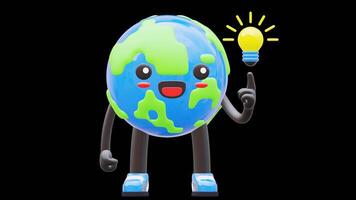 3D Earth Character With Light Bulb Idea Moment Suitable For Innovation Creativity And Problem Solving Content.Transparent Background. Alpha Background video