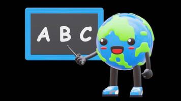 3D Earth Character Teaching ABC Letters On Blackboard Suitable For Educational And Learning Content.Transparent Background. Alpha Background video