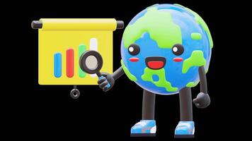 3D Earth Character Holding Magnifying Glass Pointing At Bar Chart Suitable For Business And Analysis Concepts.Transparent Background. Alpha Background video