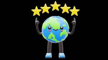 3D Earth Character Showing Five Stars Rating Suitable For Customer Satisfaction And Quality Feedback Content.Transparent Background. Alpha Background video