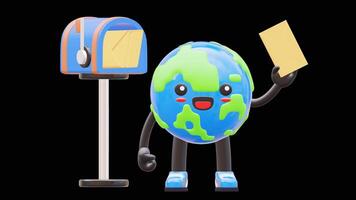 3D Earth Character Holding Envelope Next To Mailbox Suitable For Communication And Business Messaging Concepts.Transparent Background. Alpha Background video