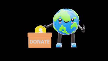 3D Earth Character Dropping Coin Into Donation Box Suitable For Charity And Fundraising Campaigns.Transparent Background. Alpha Background video