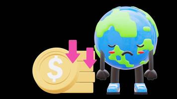 3D Earth Character Standing Next To Decreasing Coin Stack Representing Business Loss Suitable For Financial Content And Economic Presentations.Transparent Background. Alpha Background video