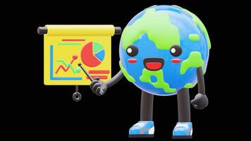 3D Earth Character Pointing At Mixed Charts Suitable For Data Visualization And Analysis Concepts.Transparent Background. Alpha Background video
