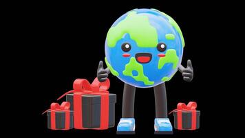 3D Earth Character With Gift Boxes Suitable For Celebration And Holiday Concepts.Transparent Background. Alpha Background video