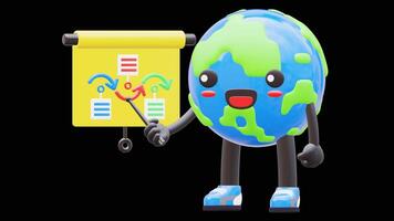 3D Earth Character Explaining Flow Chart Suitable For Process And Workflow Concepts.Transparent Background. Alpha Background video