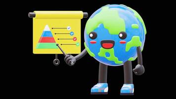 3D Earth Character Doing Presentation With Graph And Pointer Suitable For Business And Marketing Presentations.Transparent Background. Alpha Background video