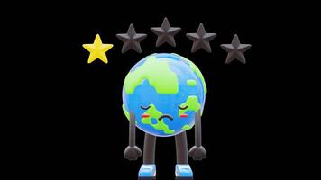 3D Earth Character Showing One Star Rating Suitable For Negative Feedback And Customer Satisfaction Concepts.Transparent Background. Alpha Background video