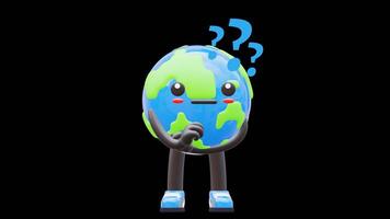 3D Earth Character With Question Marks Thinking And Pondering Suitable For Problem Solving And Decision Making Concepts.Transparent Background. Alpha Background video