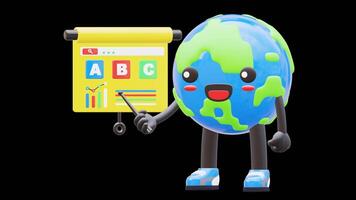 3D Earth Character Pointing At Line Graph Showing Growth Suitable For Business And Data Analysis Concepts.Transparent Background. Alpha Background video