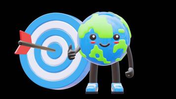 3D Earth Character Pointing At Bullseye Target For Goals And Achievements Suitable For Business Motivation And Success Presentations.Transparent Background. Alpha Background video