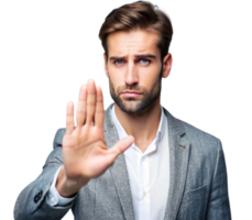 Serious businessman making stop sign with hand, transparent background png