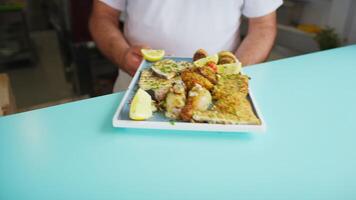 Second Service With Breaded Swordfish And Octopus Rolls In A Restaurant video