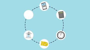 A circle with icons of money, clocks, and other items video