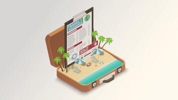 Isometric illustration of a suitcase with a beach and palm trees video