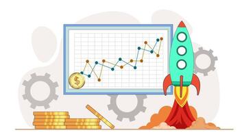 A rocket is flying over a chart with a coin on it video
