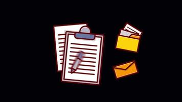 A clipboard, envelope and paper are on a black background video