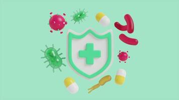 A shield with a cross and a variety of pills and viruses video