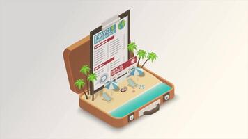 Isometric illustration of a suitcase with a beach and palm trees video