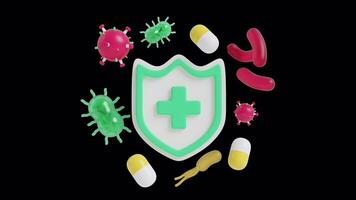 A shield with a cross and a number of pills and viruses video