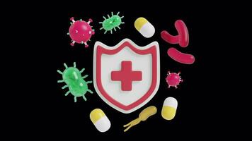 A shield with a red cross and a variety of medical items video