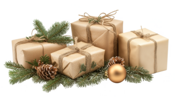 Craft winter gift boxes with rope twine tied around it and fir branches with ball ornament. Christmas cozy elements on transparent png