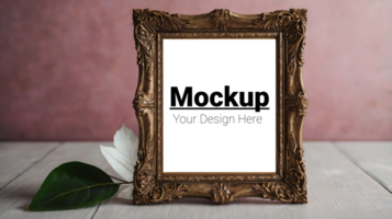Mockup of a wooden frame with a leaf on it psd