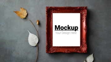 Mockup of a frame with leaves on a gray background psd