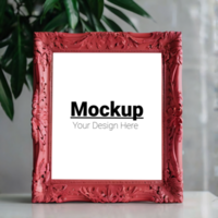 Mockup of a red frame with a plant on a table psd