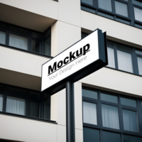 A mockup sign is displayed on a pole in front of a building psd