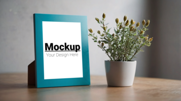 Mockup of a photo frame with a plant on a table psd