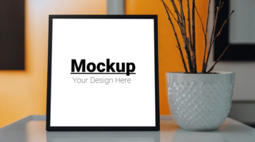 Mockup of a white frame with a vase on a table psd