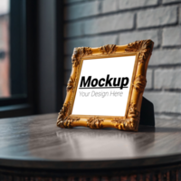 Gold frame mockup on a table psd