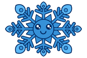 cartoon-style snowflake features a smiling face at its center, adding a playful touch to the symmetrical design cutouts png