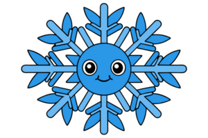 A blue, snowflake features a smiling face at its center, adding a playful touch to the symmetrical design cutouts png