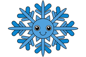A blue, kawaii snowflake features a smiling face at its center, adding a playful touch to the symmetrical design cutouts png