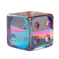 3D chrome element in Y2K style, isolated background, liquid holographic metal. A cube shaped glass dice with a rainbow colored design made of glass and has a clear surface. png