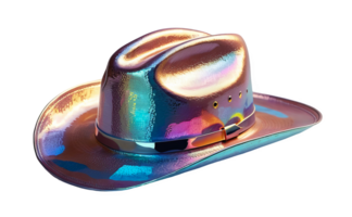 3D chrome element in Y2K style, isolated background, liquid holographic metal. A shiny, colorful hat with silver band made of a shiny material. png