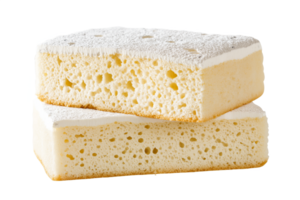 Two pieces of cake with white frosting on top png