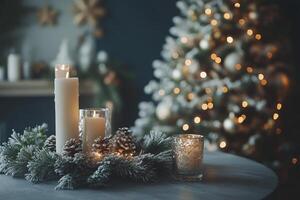 Elegant holiday decoration with a Christmas tree and candles in a cozy setting photo