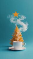 A whimsical hot drink with steam transforming into a golden Christmas tree decoration photo