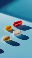 Yellow capsules arranged on a blue surface with soft shadows highlighting their shape photo
