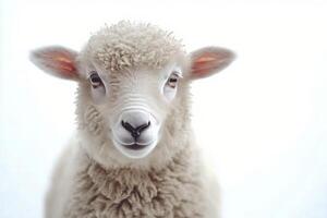 Portrait of a young sheep with snowflakes on its fur in a winter landscape during daylight photo
