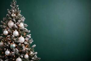 Beautifully decorated Christmas tree with silver ornaments against a dark green background photo