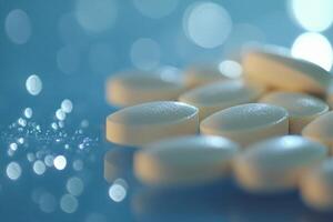Close up of white tablets on a blue surface with shimmering lights in the background photo