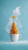 A whimsical hot drink with steam transforming into a golden Christmas tree decoration photo