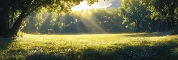 Sunlight streaming through trees in a peaceful forest meadow during the early morning photo