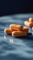 Yellow capsules arranged on a blue surface with soft shadows highlighting their shape photo